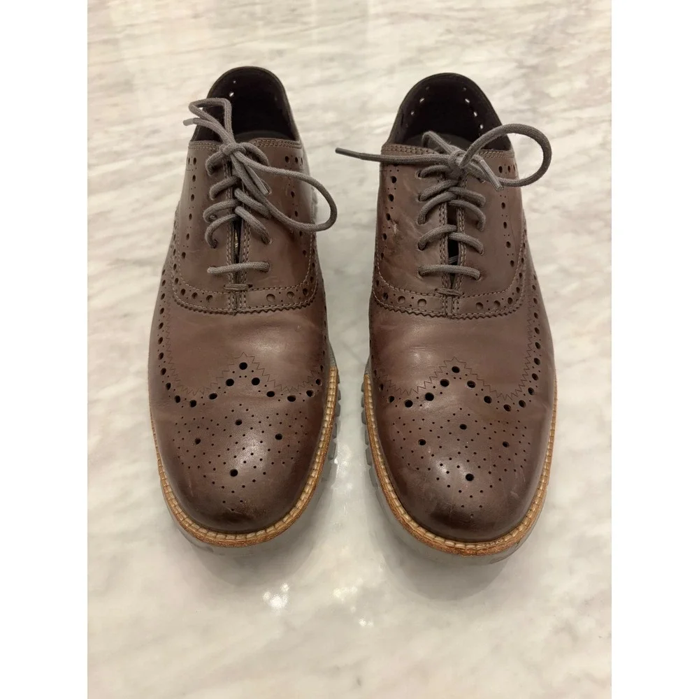Cole Haan Zerogrand Wingtip Oxfords Brown Leather Brogue Gray Sole Men 9.5M Shoe